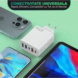Încărcător rețea 5 porturi alb cu cabluri conectate la iPhone și Samsung simultan