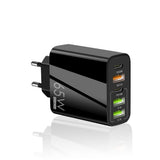 Încărcător USB 65W negru, detaliu porturi Type-C și USB-A, protocol QC4.0