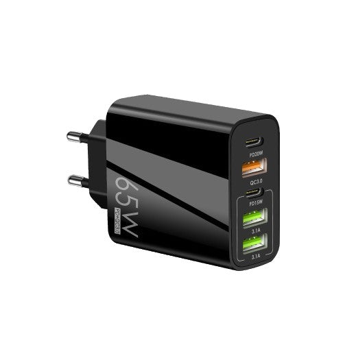 Încărcător rețea compact 65W negru, vedere laterală, design portabil pentru călătorii
