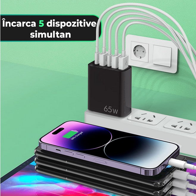 Încărcător rețea multiport 65W negru, vedere de sus, compatibil Huawei și Xiaomi
