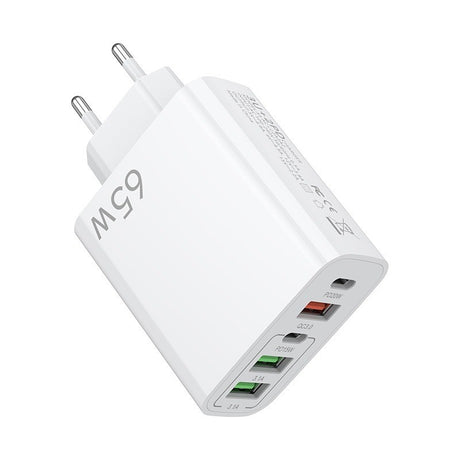 Încărcător rețea 5 porturi 65W Fast Charge, 3x USB și 2x Type-C, culoare albă, vedere frontală