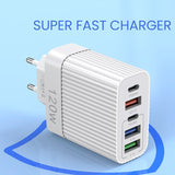 Detaliu porturi USB-A și Type-C încărcător rețea 120W, 5 porturi multi-dispozitiv, alb