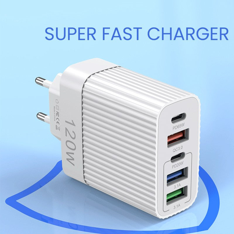 Încărcător Rețea 120W cu 3 USB-A și 2 Type-C, Power Delivery, Alb