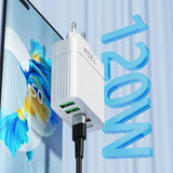 Încărcător Rețea 120W cu 3 USB-A și 2 Type-C, Power Delivery, Alb