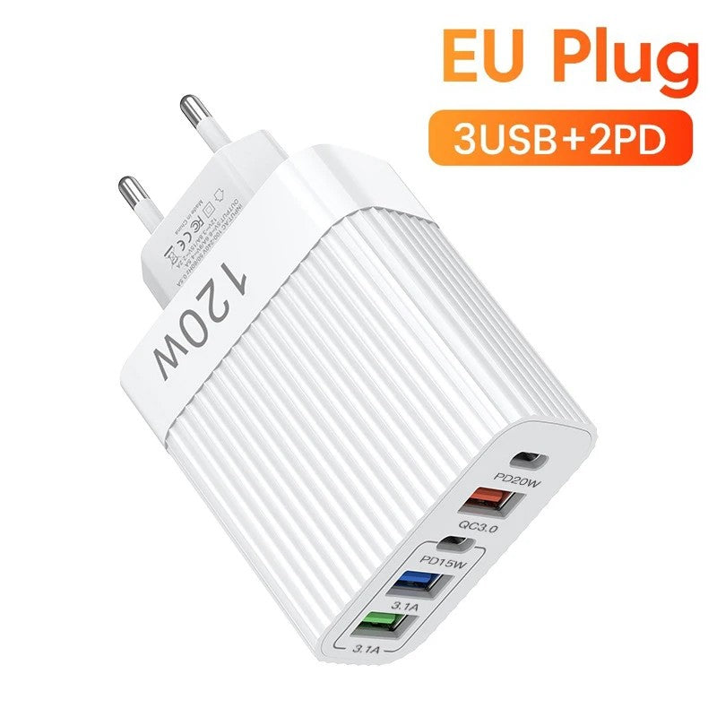 Încărcător rețea multi-port 120W în uz, telefon și tabletă încărcate simultan, alb