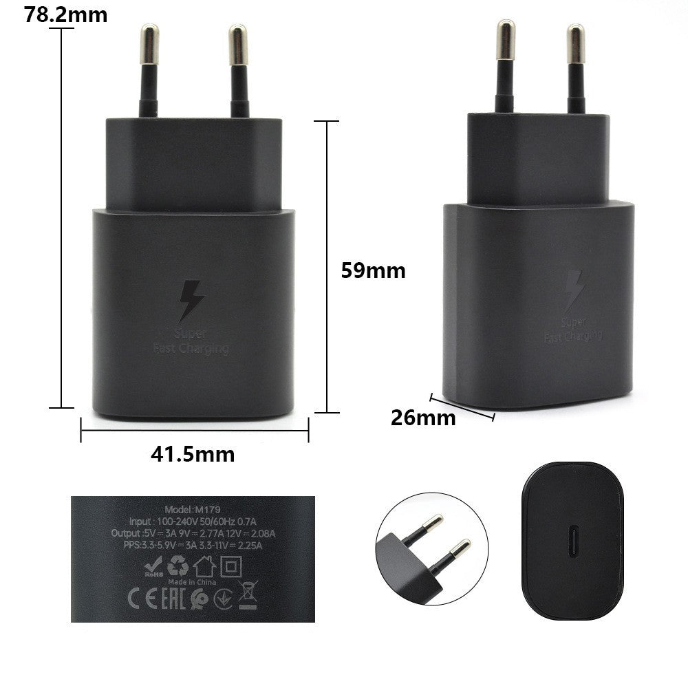 Încărcător rețea USB-C 25W negru, port USB-C detaliu, compatibil telefoane și tablete