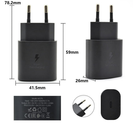 Încărcător rețea USB-C 25W negru, port USB-C detaliu, compatibil telefoane și tablete