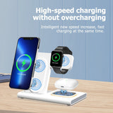 Încărcător wireless Vivimall cu iPhone încărcat pe suport vertical, AirPods și iWatch conectate