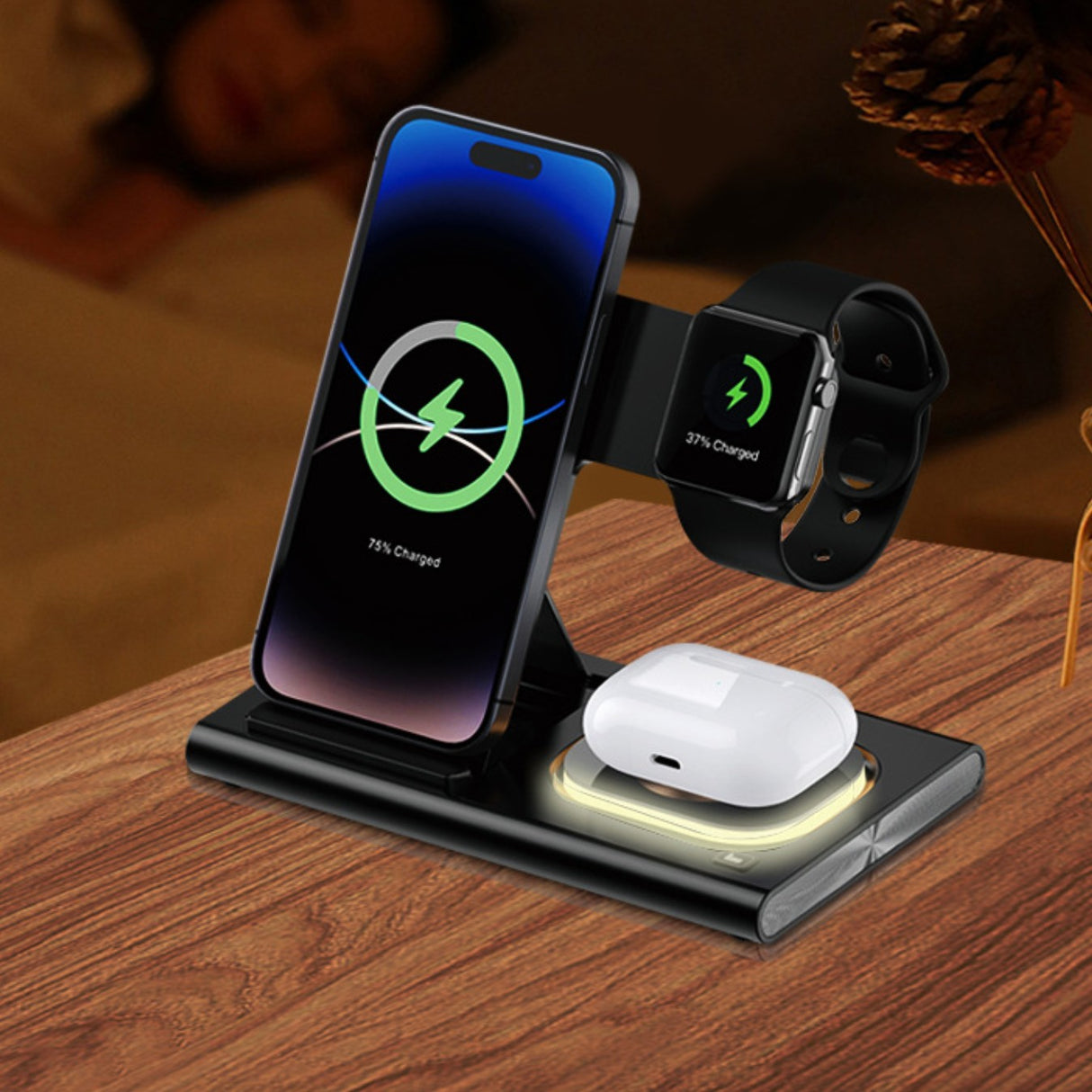 Incarcator Wireless 3 in 1 Fast Charger, Vivimall, Compatibil cu Apple iPhone, iWatch, AirPods, New Design, 15W, 16.5 x 14 x 9.5 cm, Negru - vivimall.ro