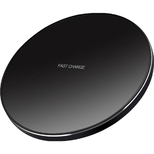 Încărcător wireless rotund Fast Charge 15W Ultra Slim negru, vedere frontală, compatibil iPhone 14