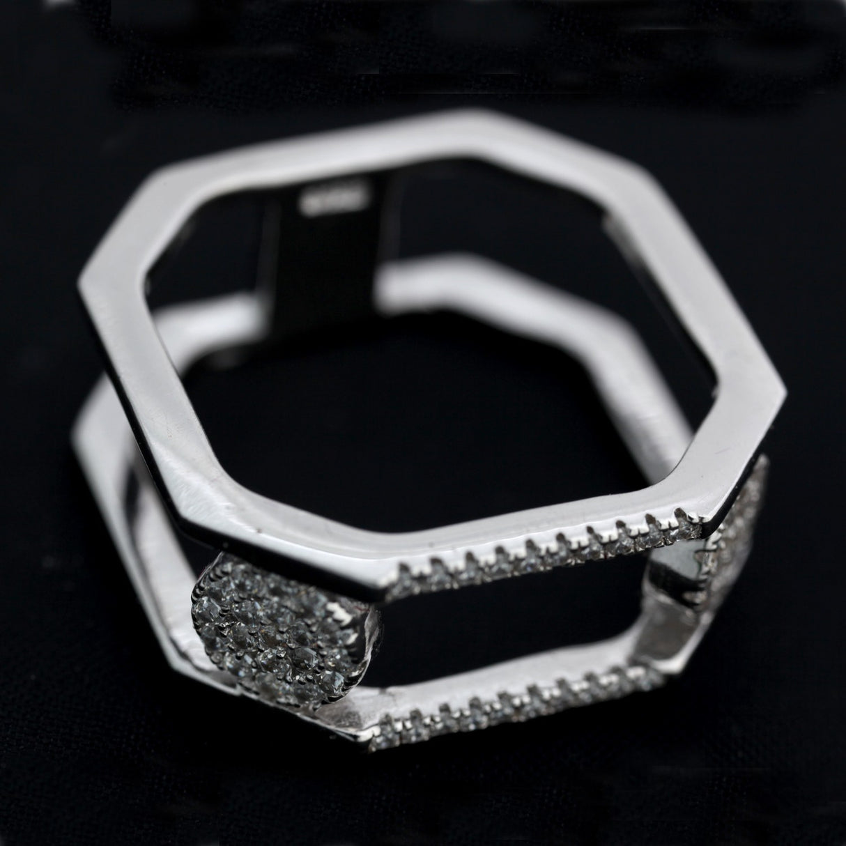 Inel Octagonal Din Argint 925, Cu Doua Cercuri Si Pietre, Marimea 56