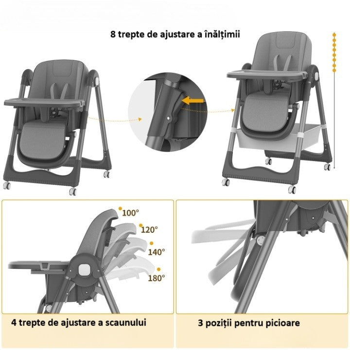 Scaun De Masa Pentru Bebelusi Si Copii, 2 Tavite Si Husa Detasabile, Multifuncțional, Stabil, Centura De Siguranta, Inaltime Ajustabila, Spatar Reglabil Moale, Cos De Depozitare, De La 6 Luni
