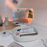 Cutie cu Oglinda, Model Pisica, Vivimall, 4 Compartimente, Cutie de Depozitare a Machiajelor si Accesoriilor, Oglinda de Machiaj, 17x13x6cm, Alb - vivimall.ro