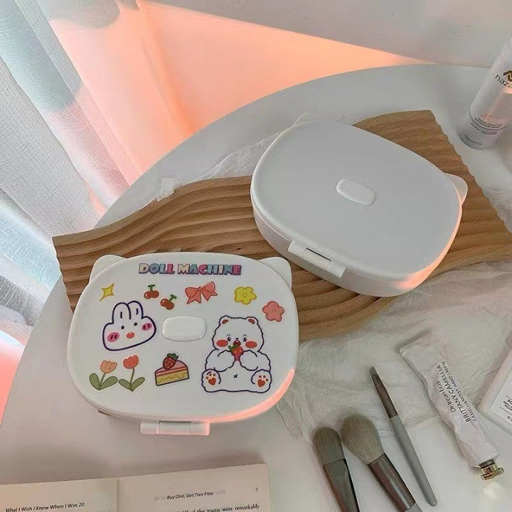 Cutie cu Oglinda, Model Pisica, Vivimall, 4 Compartimente, Cutie de Depozitare a Machiajelor si Accesoriilor, Oglinda de Machiaj, 17x13x6cm, Alb - vivimall.ro