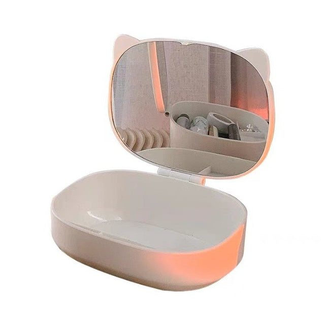Cutie cu Oglinda, Model Pisica, Vivimall, 4 Compartimente, Cutie de Depozitare a Machiajelor si Accesoriilor, Oglinda de Machiaj, 17x13x6cm, Alb - vivimall.ro