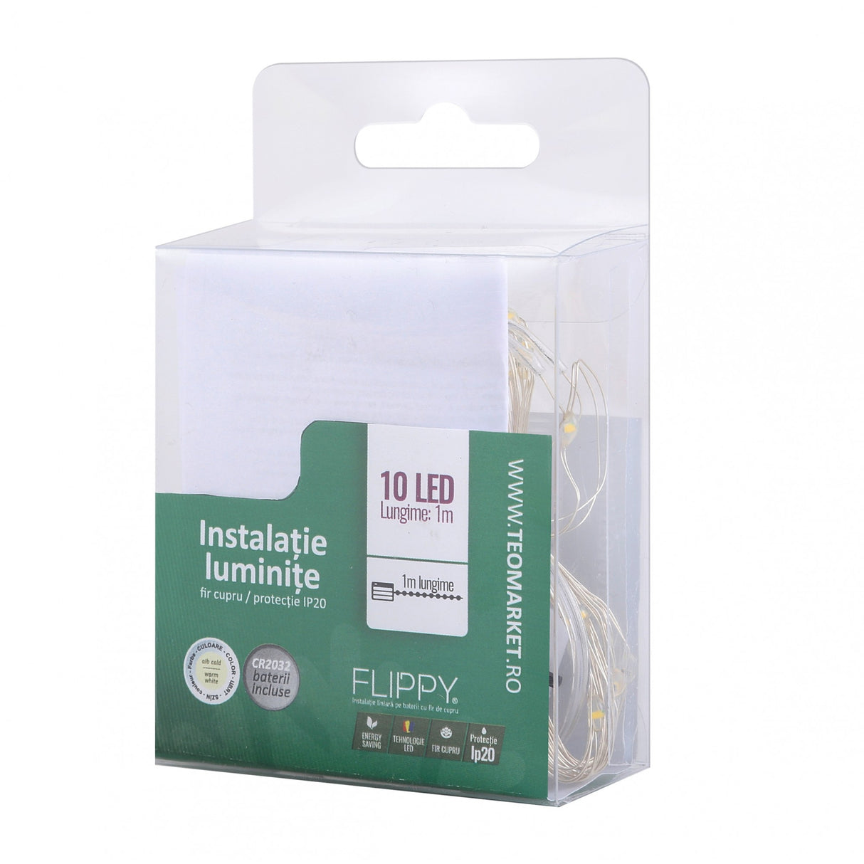 Instalatie Craciun, Liniara, 1 m, Baterii, 10 LED-uri, Alb Cald, Fir Cupru, Interior/Exterior, Flippy - vivimall.ro