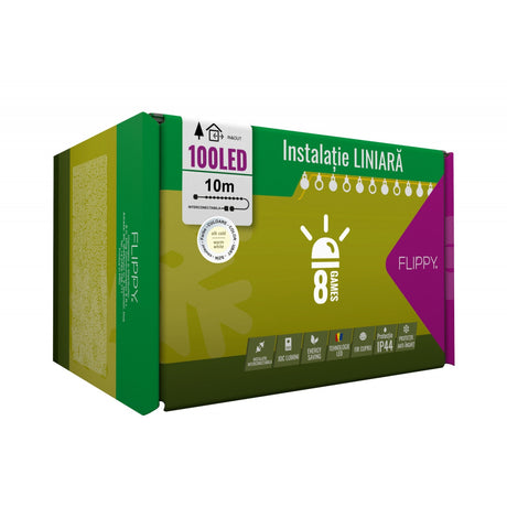 Instalatie Craciun, 10 m, 50 Led-uri ,Liniara, Alb cald, 8 jocuri de lumini, Transformator cu telecomanda, Interconectabila, Prelungitor 5 m inclus, Fir Verde, Vivimall - vivimall.ro