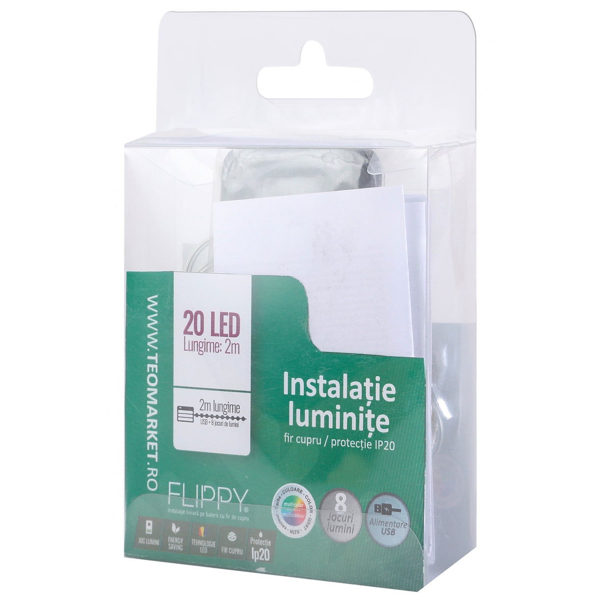 Instalatie Craciun, 2 Metri, 20 Led-Uri, Telecomanda 8 Functii, Usb, Fir Cupru, Liniar, Interior/Exterior