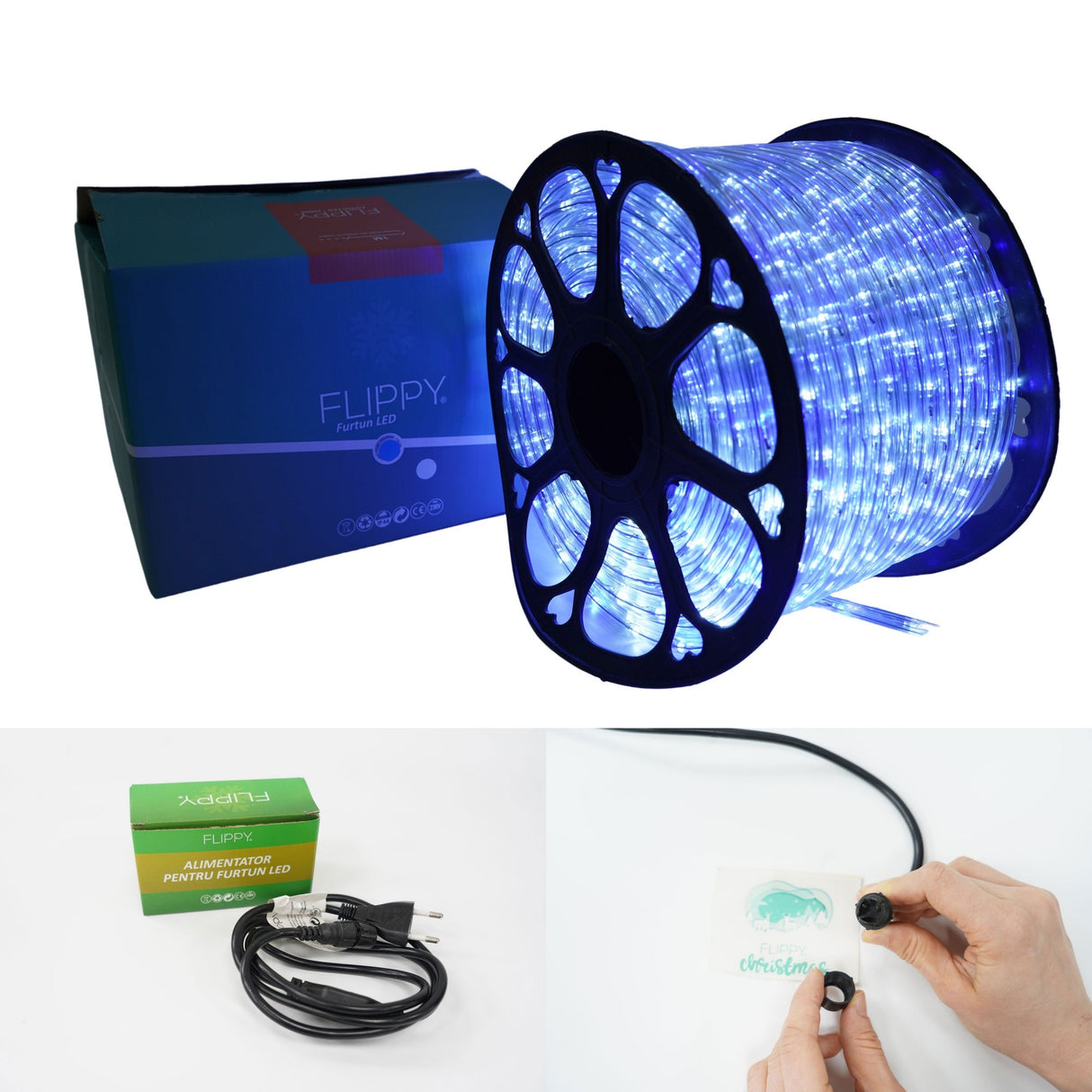 Instalatie Craciun, 20 m, 480 Led-uri, Furtun Luminos, Alb rece/ Albastru, Transformator, Sectionabila, 220 V, Vivimall - vivimall.ro