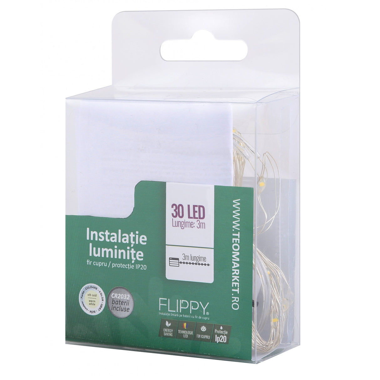 Instalatie Craciun, Liniara, 3 M, Baterii, 30 Led-Uri, Fir Cupru, Interior/Exterior