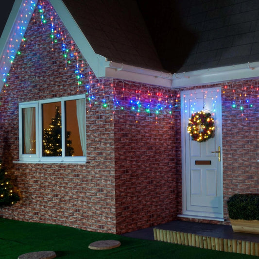 Instalatie Craciun, 40 m, 1144 Led-uri ,Franjuri, Rosu / Verde/ Albastru, Flash, Transformator cu telecomanda, Interconectabila, Prelungitor 3 m inclus, Fir Alb, Vivimall - vivimall.ro