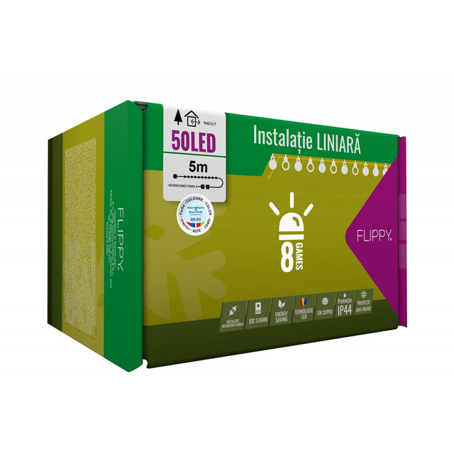 Instalatie Craciun, 5 m, 50 Led-uri ,Liniara, Rosu/Albastru/Rosu/Verde, Flash, Transformator cu telecomanda, Interconectabila, Prelungitor 5 m inclus, Fir Verde, Flippy - vivimall.ro