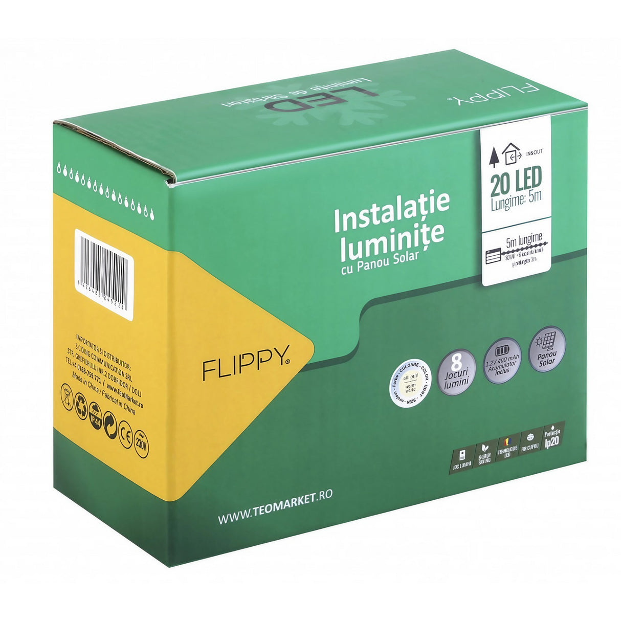 Instalatie Craciun, 5 Metri, 20 De Led-Uri Cu Ornament Tip Bulb, 8 Jocuri De Lumini Alb Cald, Cu Energie Solara, Liniar, Cablu, Interior/Exterior