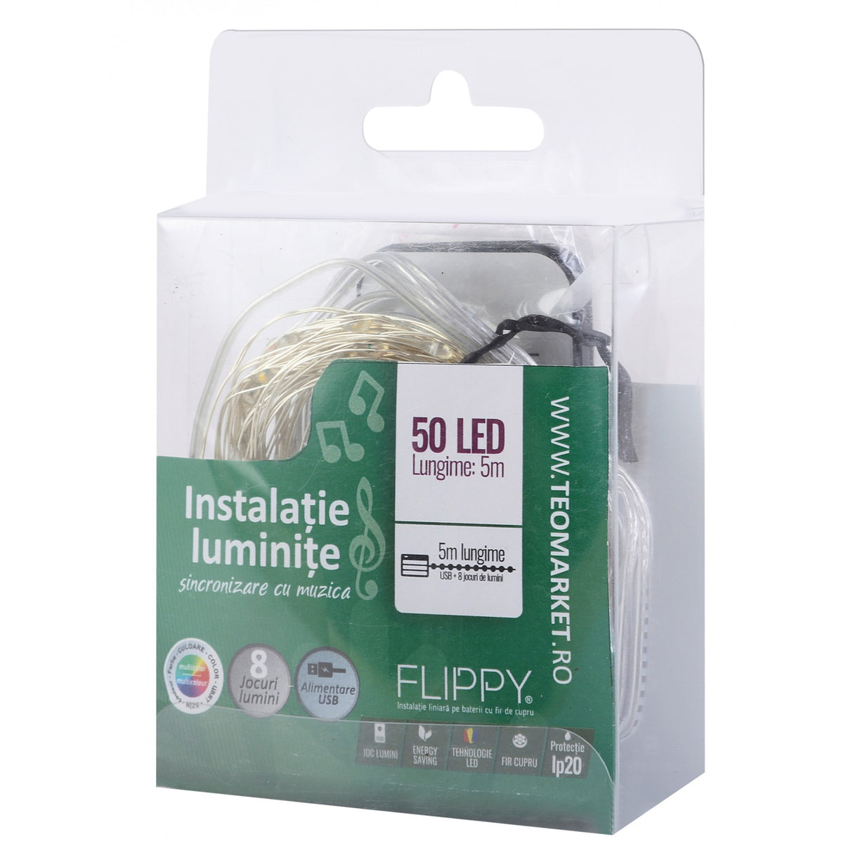 Instalatie Craciun, 5 Metri, 50 Led-Uri, Rgb, Sincronizare Muzica, Telecomanda 12 De Functii, Usb, Fir Cupru, Liniar, Interior/Exterior