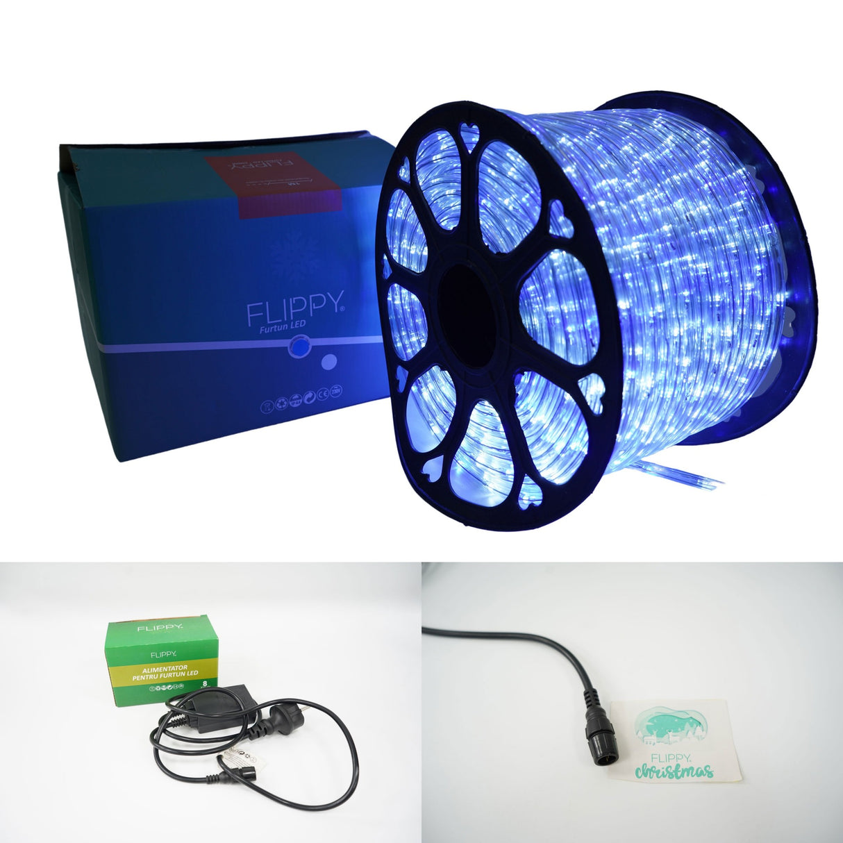 Instalatie Craciun, 50 m, 1200 Led-uri, Furtun Luminos, Alb rece/ Albastru, Transformator, 8 jocuri de lumini, Sectionabila, 220 V, Vivimall - vivimall.ro