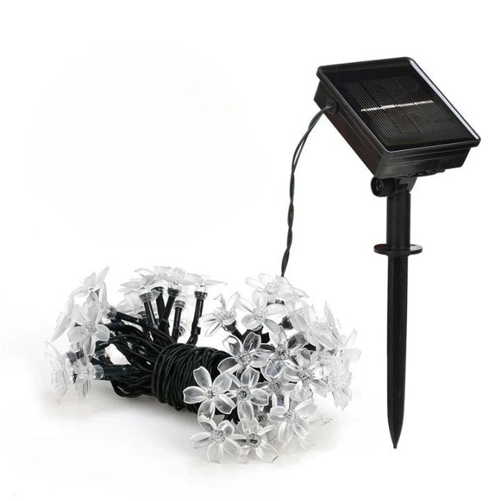 Instalatie Craciun, 6.5 metri, 30 Becuri LED tip Flori de cires, pentru exterior cu incarcare solara, Alb rece, Vivimall - vivimall.ro