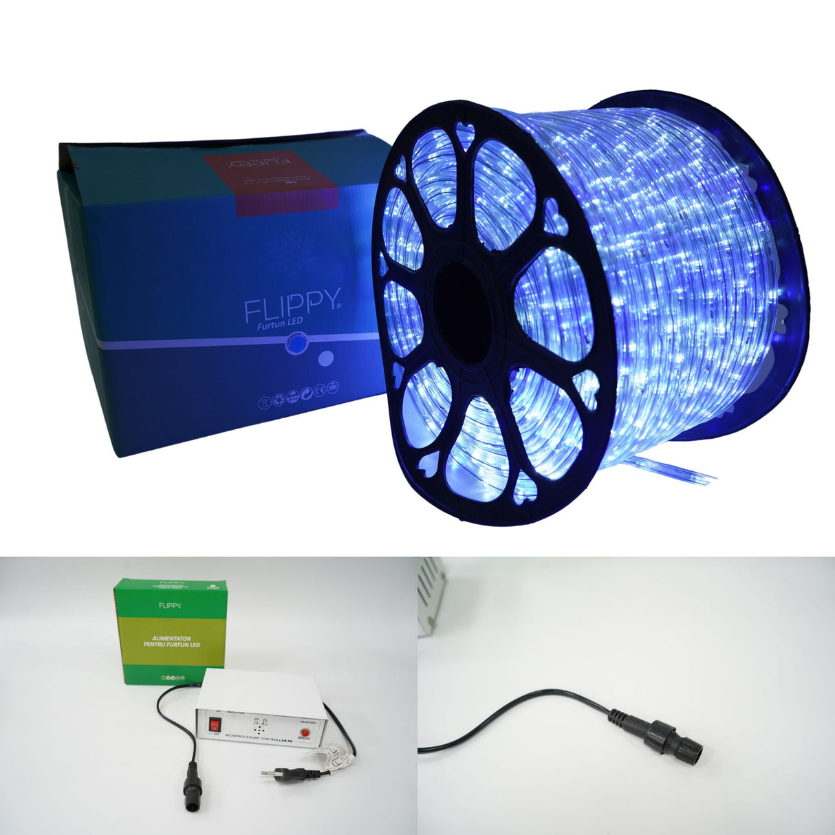 Instalatie Craciun, 96 m, 2304 Led-uri, Furtun Luminos, Alb rece/ Albastru, Transformator, 8 jocuri de lumini, Sectionabila, 220 V, Vivimall - vivimall.ro