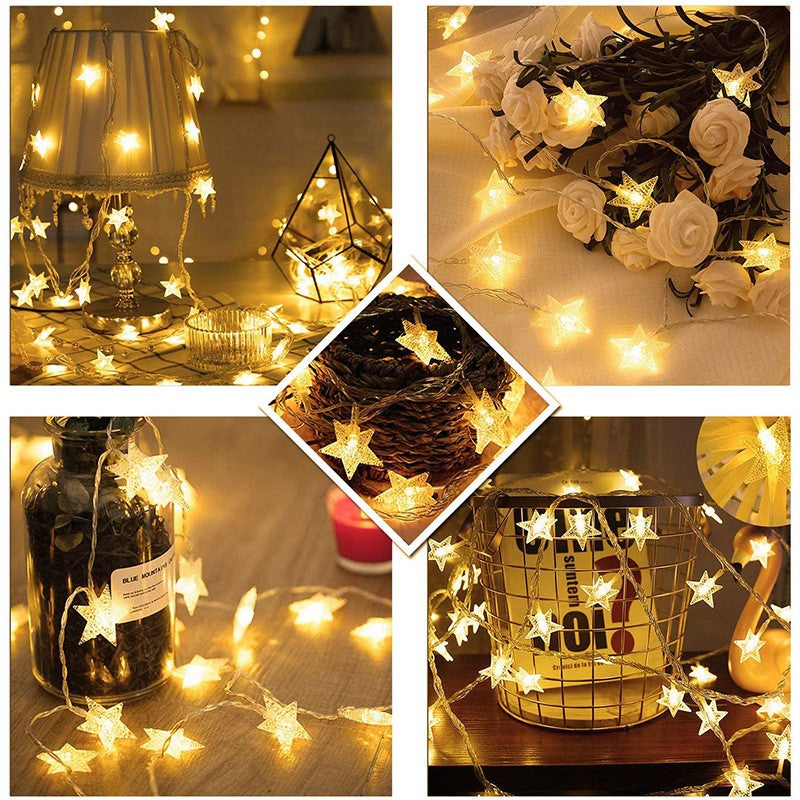 Instalatie Craciun Cu Baterii, 10 Metri, 80 Led-Uri Tip Stea, Fir, Alb Cald
