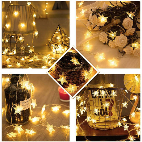 Instalatie Craciun Cu Baterii, 10 Metri, 80 Led-Uri Tip Stea, Fir, Alb Cald