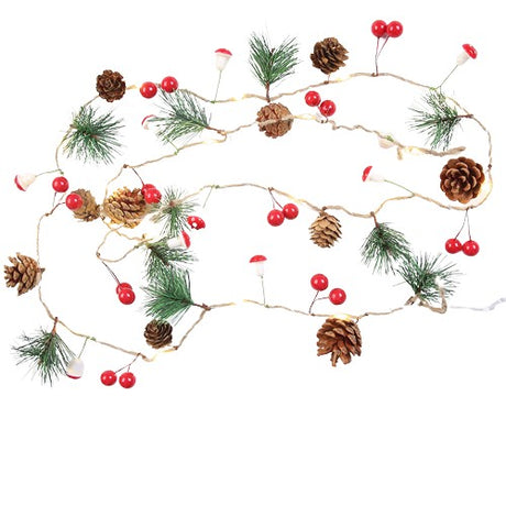 Instalatie Craciun cu baterii, 2 metri, 20 LED-uri tip Ace, conuri de pin si ciuperci, Alb Cald, Vivimall - vivimall.ro