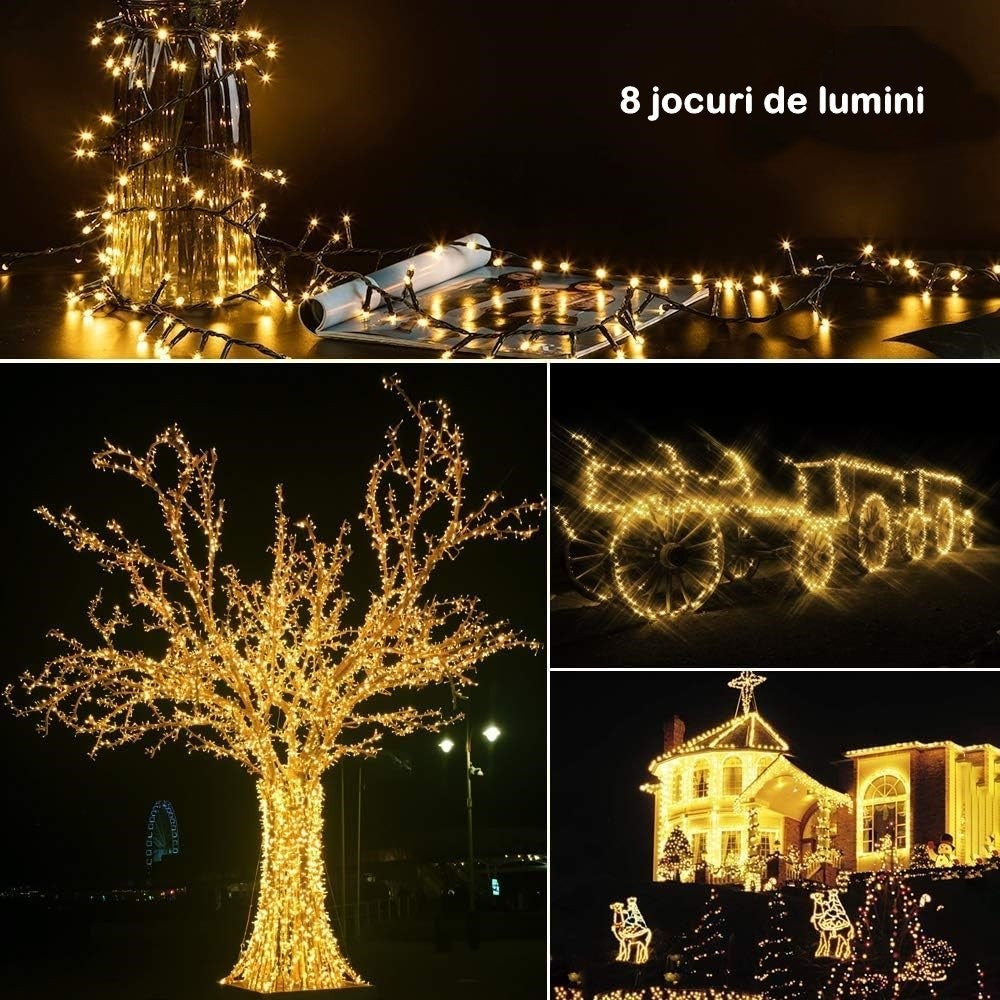 Instalatie De Craciun Liniara Yoto, 10 M, Din Care 1 M Cablu Priza 220V, 100 Led, 8 Jocuri De Lumini, Beculet In 6 Colturi, Pentru Interior, Controler, Fir, Alb Cald - vivimall.ro