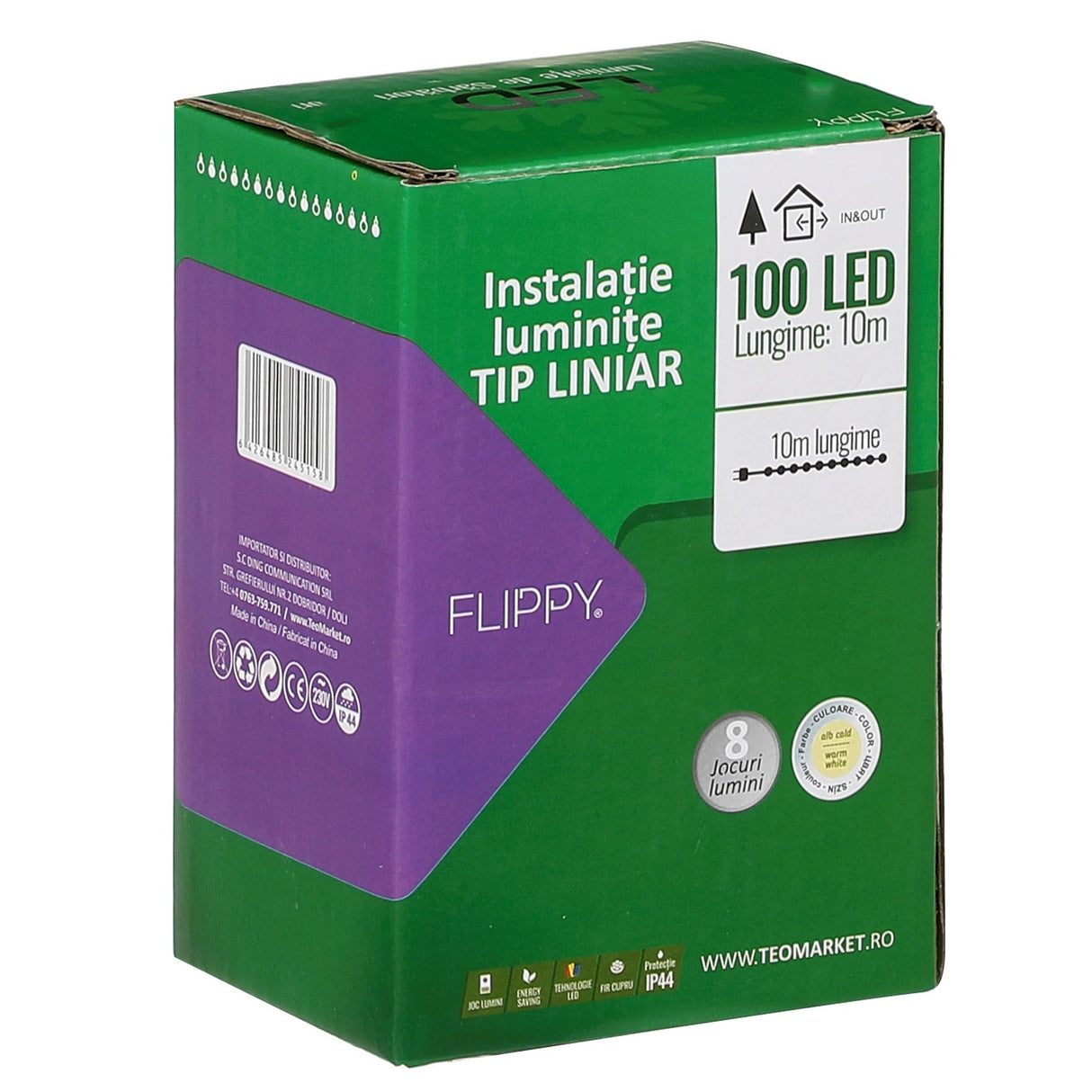Instalatie Craciun Liniara, Cu Transformator 31V, 10M, Alb Cald, 100 Led-Uri V5, 8 Jocuri De Lumini, Fir
