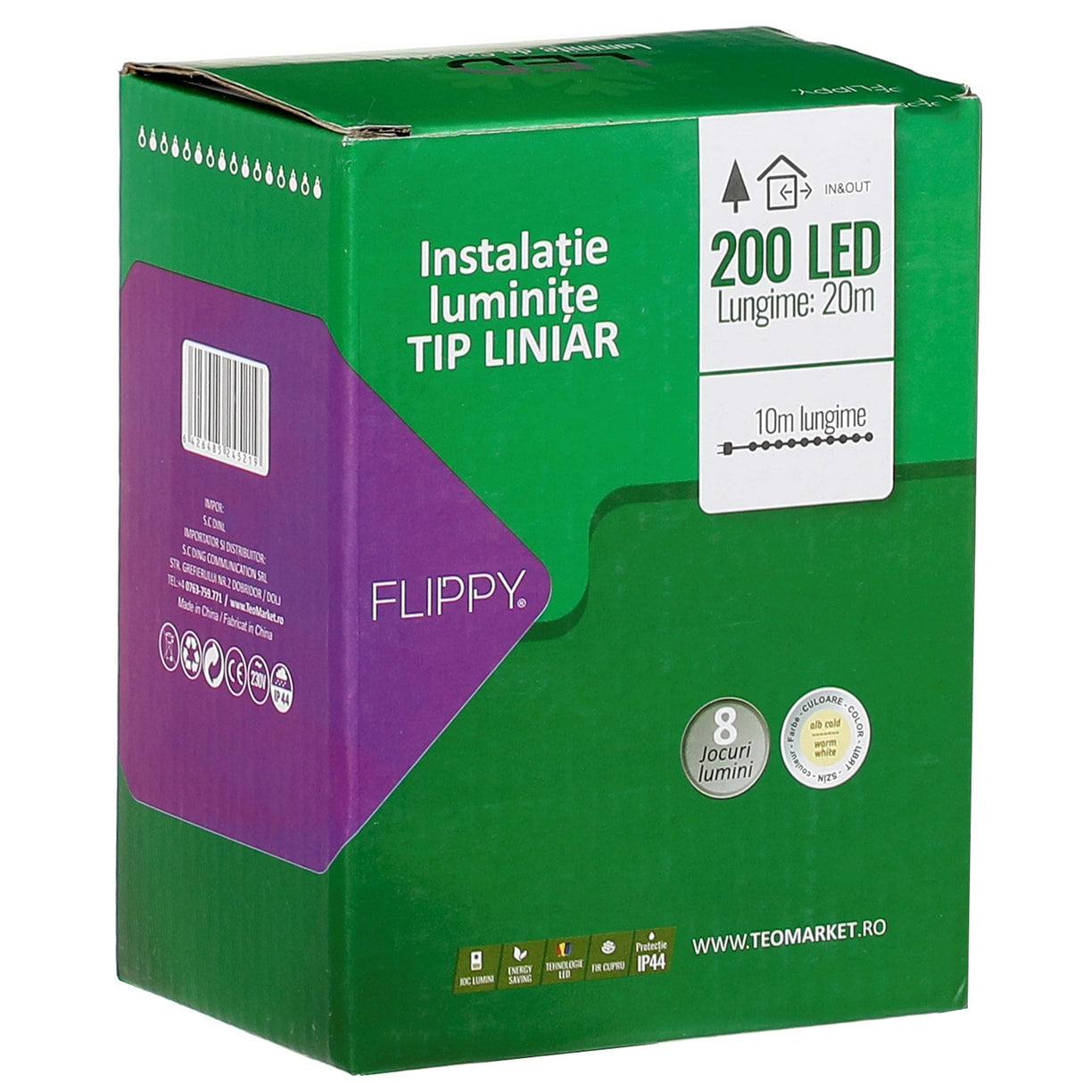 Instalatie Craciun Liniara, Cu Transformator, 20 M, Alb Cald, 200 Led-Uri V5, 8 Jocuri De Lumini, Fir