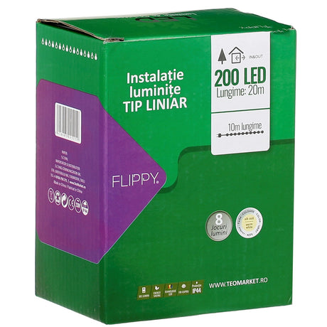 Instalatie Craciun Liniara, Cu Transformator, 20 M, Alb Cald, 200 Led-Uri V5, 8 Jocuri De Lumini, Fir