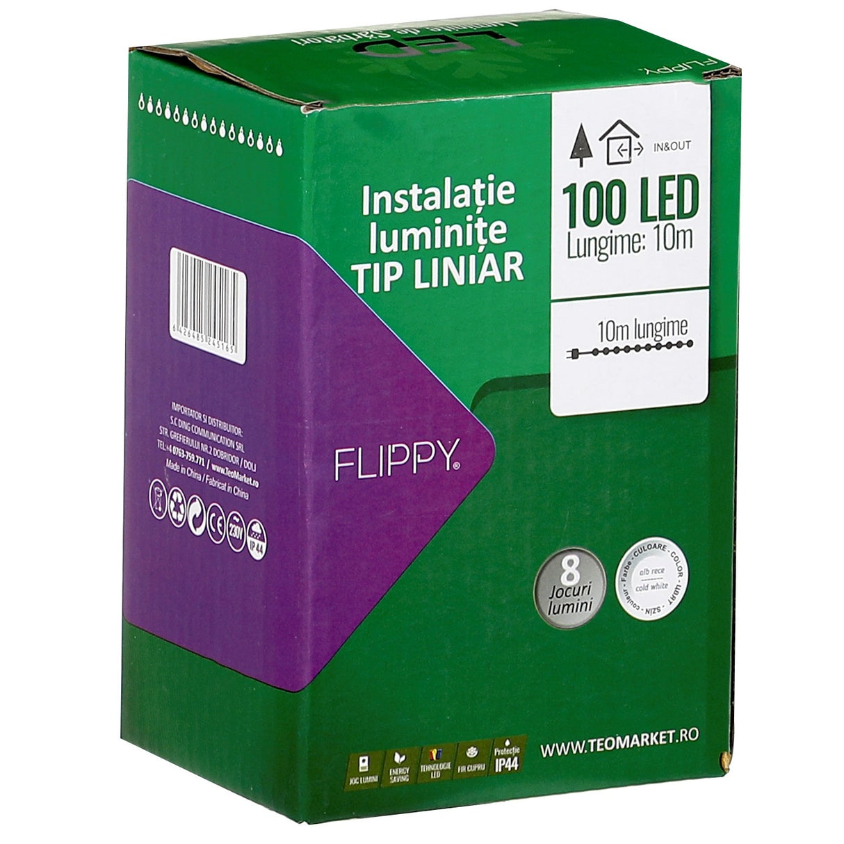 Instalatie Craciun Liniara, Cu Transformator 31V, 10M, Alb Rece, 100 Led-Uri V5, 8 Jocuri De Lumini, Fir