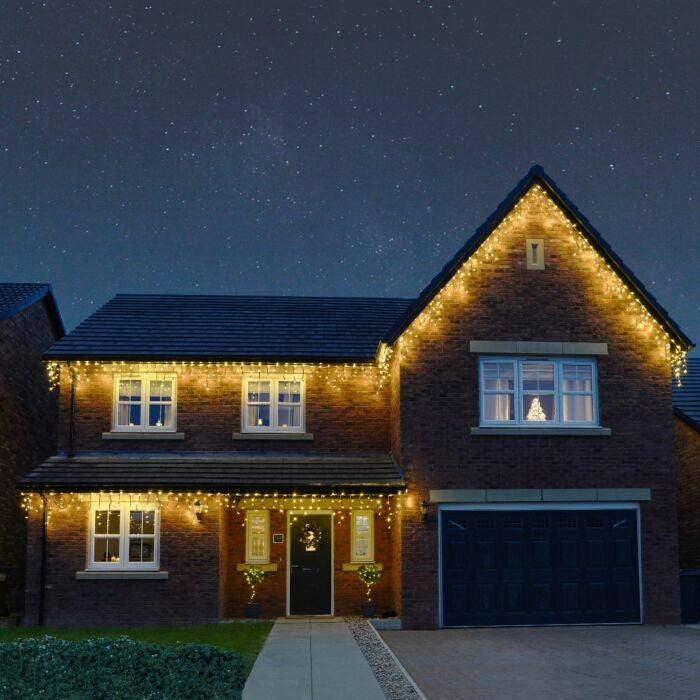 Instalatie Craciun Profesionala De Exterior Ip65, 25 M, 600 Led-Uri Mari,Franjuri, Alb Cald, Flash, Alimentator, Interconectabila, Prelungitor 6.5 M Inclus, Fir Cauciucat, 220V