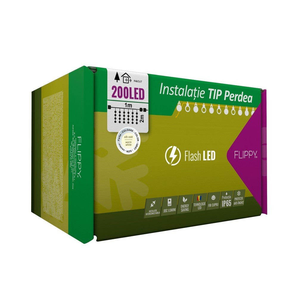 Instalatie Craciun Profesionala De Exterior Ip65, Tip Perdea, 200 Led-Uri Mari, Alb Cald, Cu Flash, Alimentator Si Prelungitor 6,5 M, Interconectabila, Fir