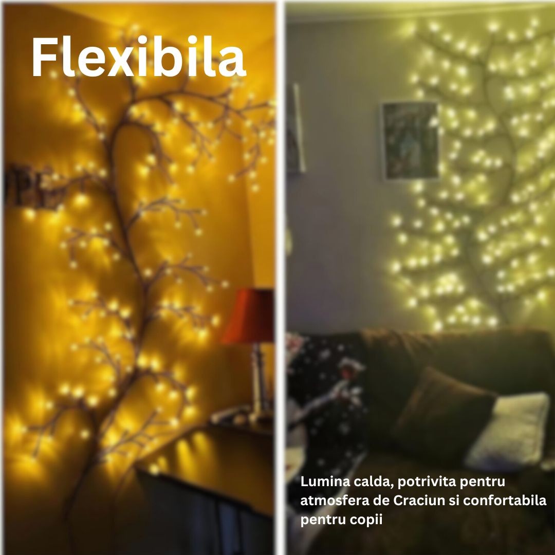 Instalatie Craciun Tip Creanga 144 Led-Uri, Conectare La Retea, 8 Jocuri De Lumini, Telecomanda, 2.5 M, Prelungitor 2 M, 3V, 1.5V, Fir, Alb Cald - vivimall.ro