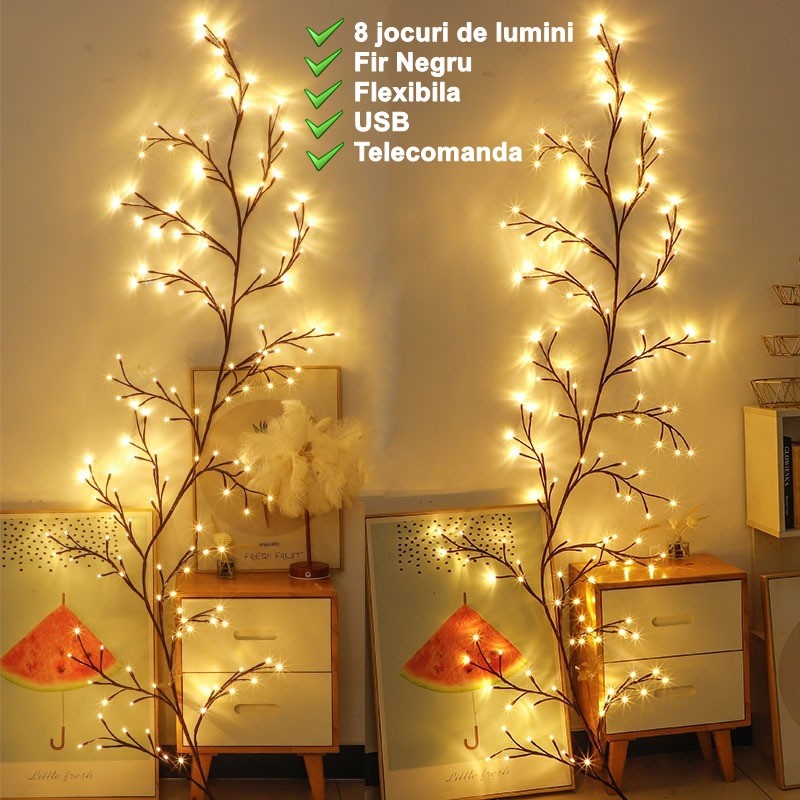 Instalatie Craciun Tip Creanga 144 Led-Uri, Conectare Usb, 8 Jocuri De Lumini, Telecomanda, 2.5 M, Prelungitor 2 M, 3V, Fir, Alb Cald - vivimall.ro
