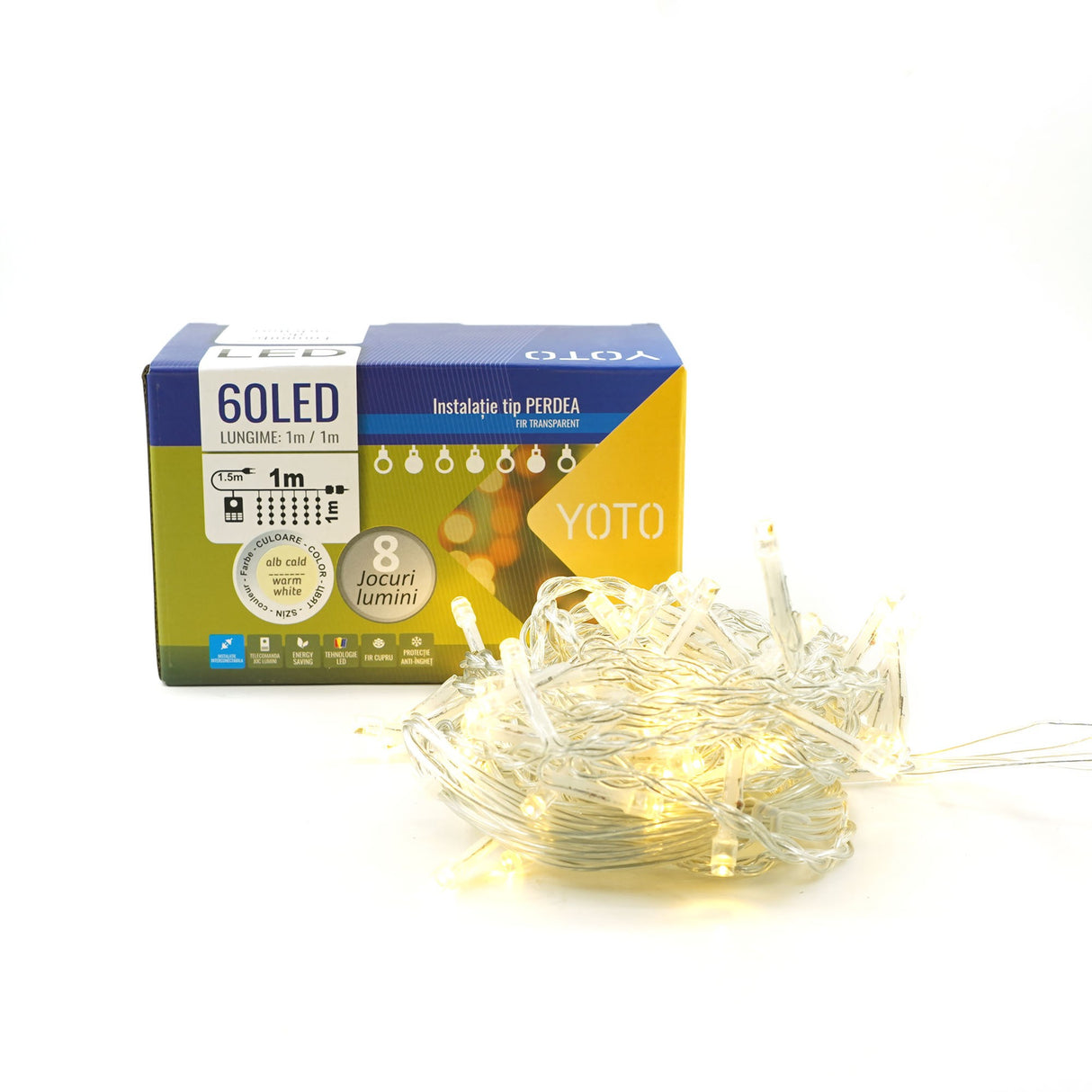 Instalatie Craciun, Tip Perdea, 1 m x 1 m, 60 LED-uri, Alb Cald, Controler, 8 jocuri de lumini, Interconectabila, Fir transparent, Interior/ Exterior, Vivimall - vivimall.ro