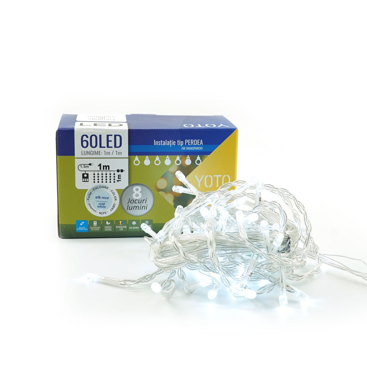 Instalatie Craciun, Tip Perdea, 1 m x 1 m, 60 LED-uri, Alb Rece, Controler, 8 jocuri de lumini, Interconectabila, Fir transparent, Interior/ Exterior, Vivimall - vivimall.ro