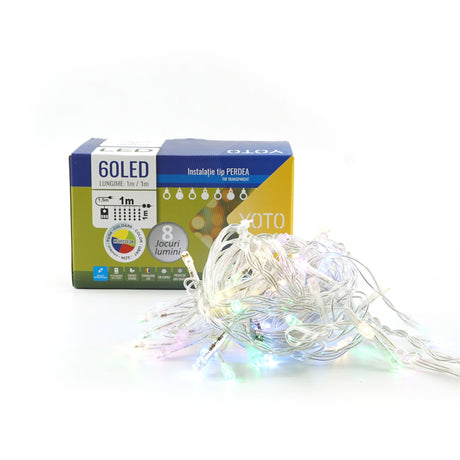Instalatie Craciun, Tip Perdea, 1 m x 1 m, 60 LED-uri, Multicolor, Controler, 8 jocuri de lumini, Interconectabila, Fir transparent, Interior/ Exterior, Yoto - vivimall.ro