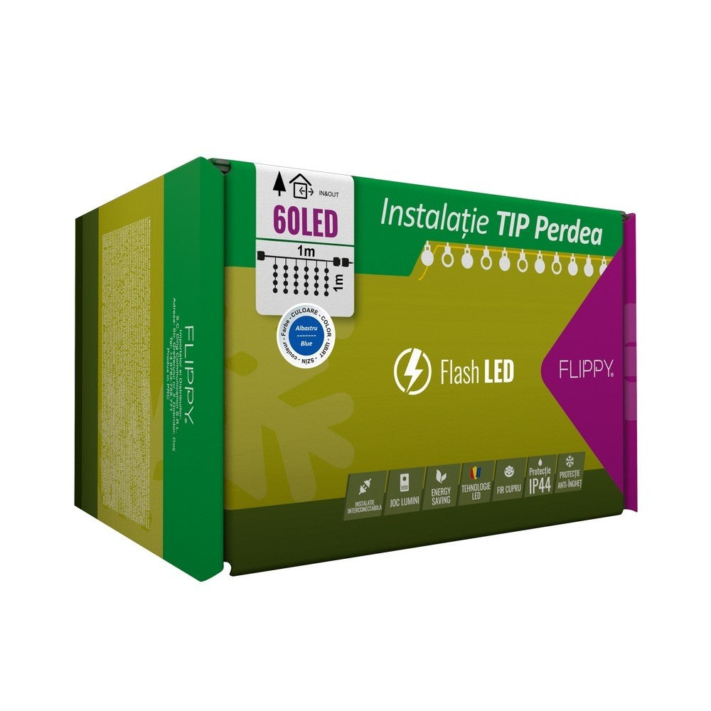 Instalatie Craciun, Tip Perdea, Ip44, 60 Led-Uri, Albastru, Cu Flash, Transformator, Interconectabila, Prelungitor 5 M Inclus, Fir, Interior/ Exterior