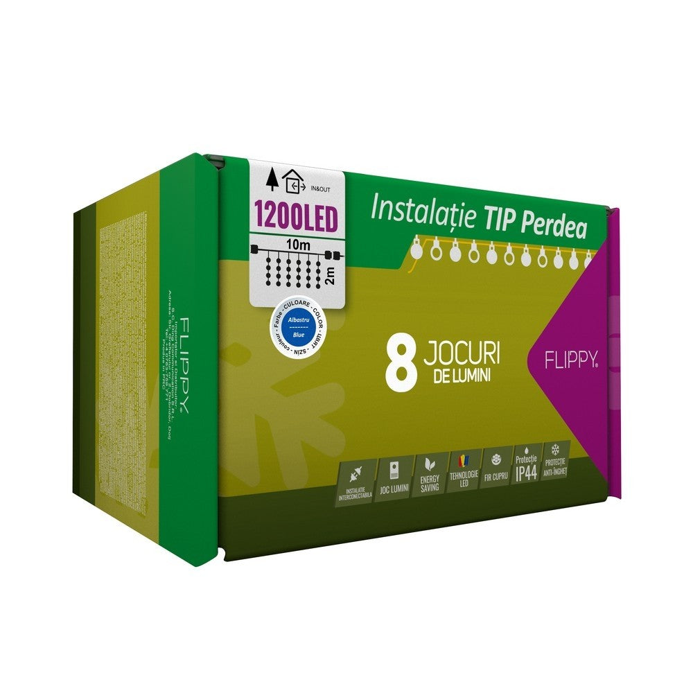 Instalatie Craciun, Tip Perdea, Ip44, 1200 Led-Uri, Albastru, 8 Jocuri De Lumini, Transformator, Interconectabila, Prelungitor 5 M Inclus, Fir, Interior/ Exterior