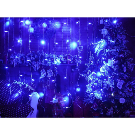 Instalatie Craciun, Tip Perdea, IP44, 2 m x 1 m, 120 LED-uri, Albastru, cu flash, Transformator, Interconectabila, Prelungitor 5 m inclus, Fir transparent, Interior/ Exterior, Vivimall - vivimall.ro