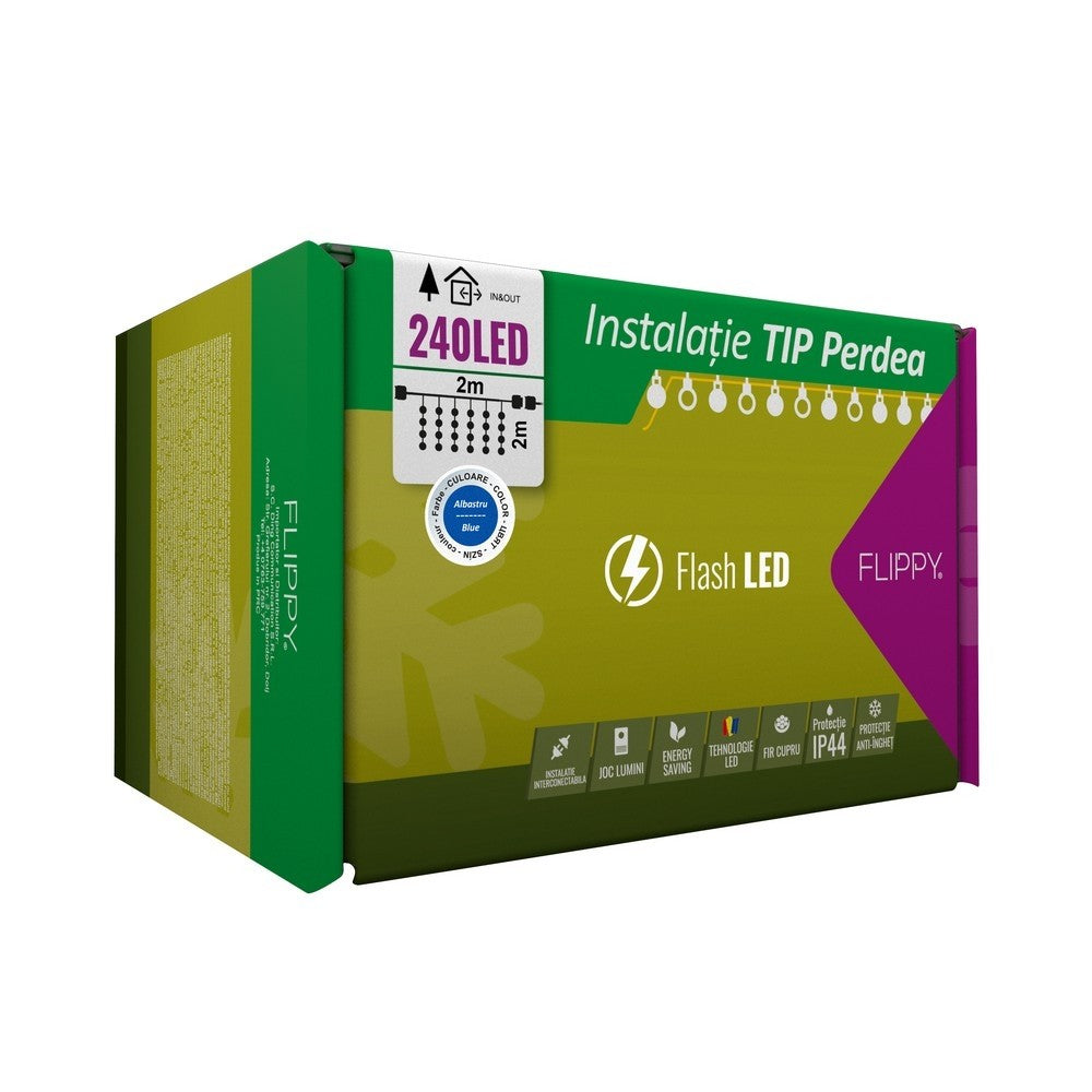 Instalatie Craciun, Tip Perdea, Ip44, 240 Led-Uri, Albastru, Cu Flash, Transformator Cu Telecomanda, Interconectabila, Prelungitor 3 M Inclus, Fir, Interior/ Exterior